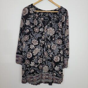 Lucky Brand Womens Tunic Top Size 3X Dark Floral Pullover 3/4 Sleeve Fairygoth